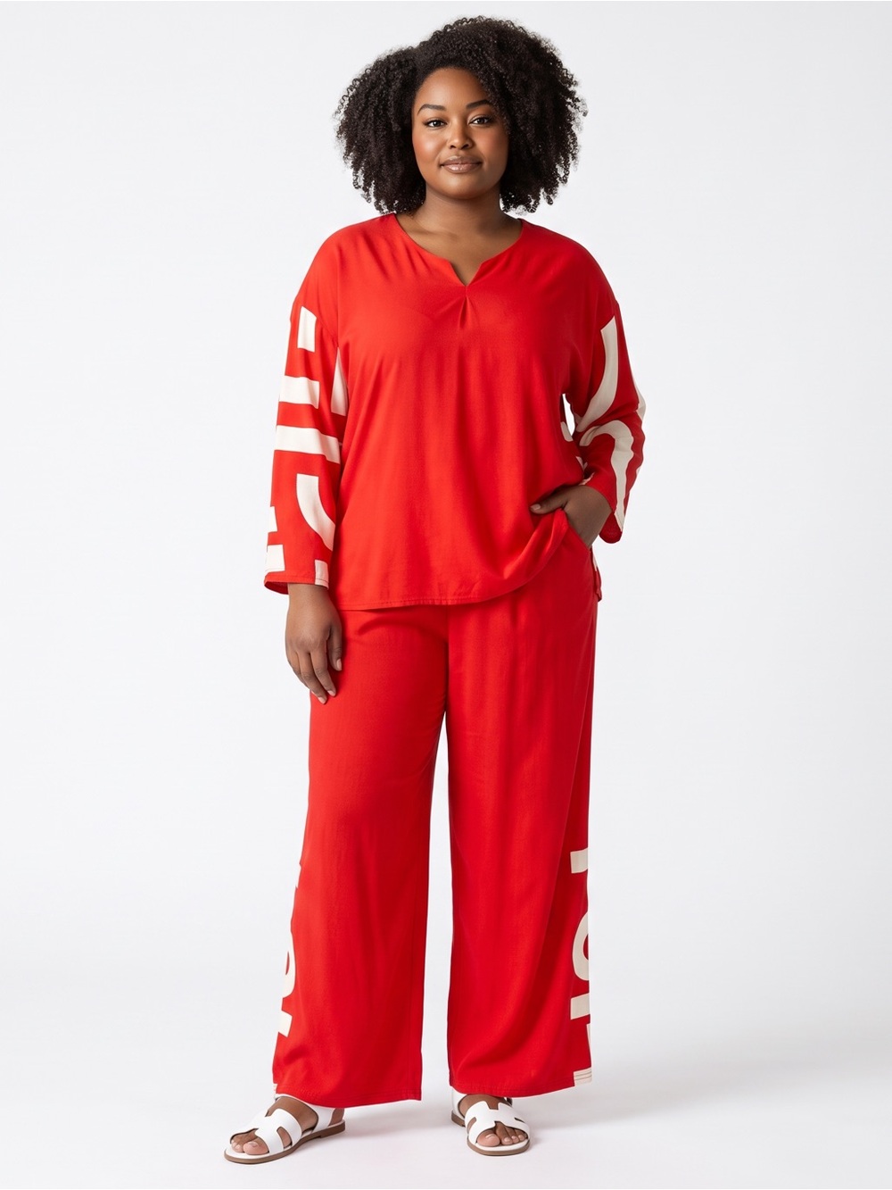 Women’s Red/White Plus-Size Long Sleeve Top & Elastic Pant Set Size-2XL NEW